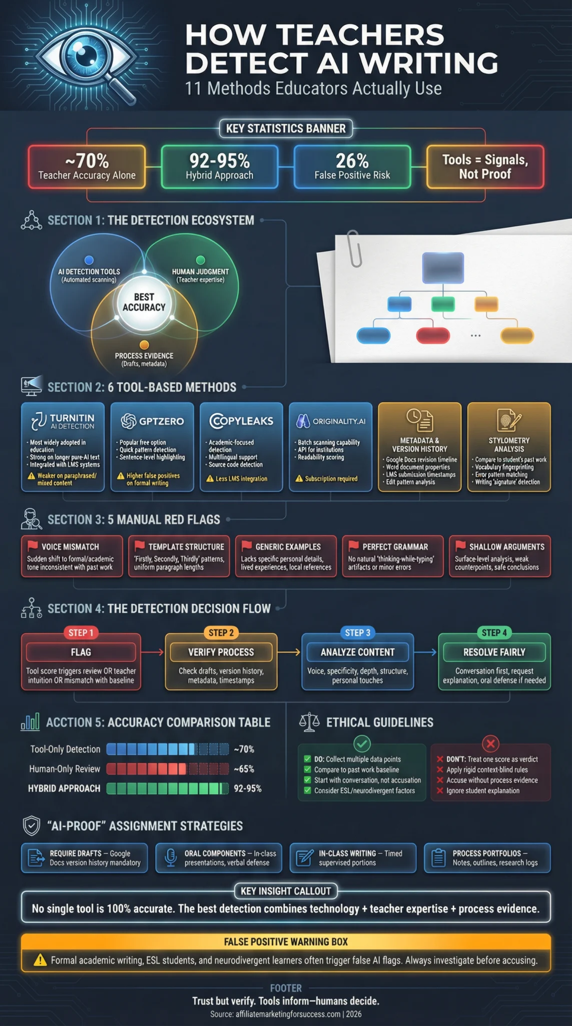 Infographic showing 11 methods teachers use to detect AI writing. Includes statistics, tools, and manual red flags for educators.